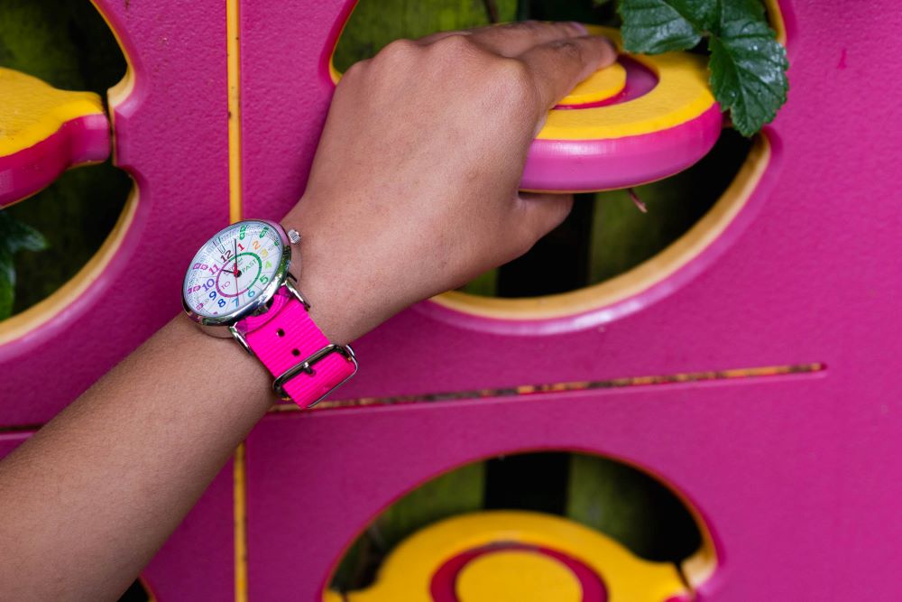 childrens watches rainbow face with hot pink strap